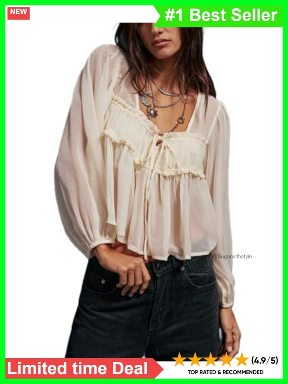 Sheer Mesh Poncho Top Long Sleeve Ruffle Hem Chiffon Blouse